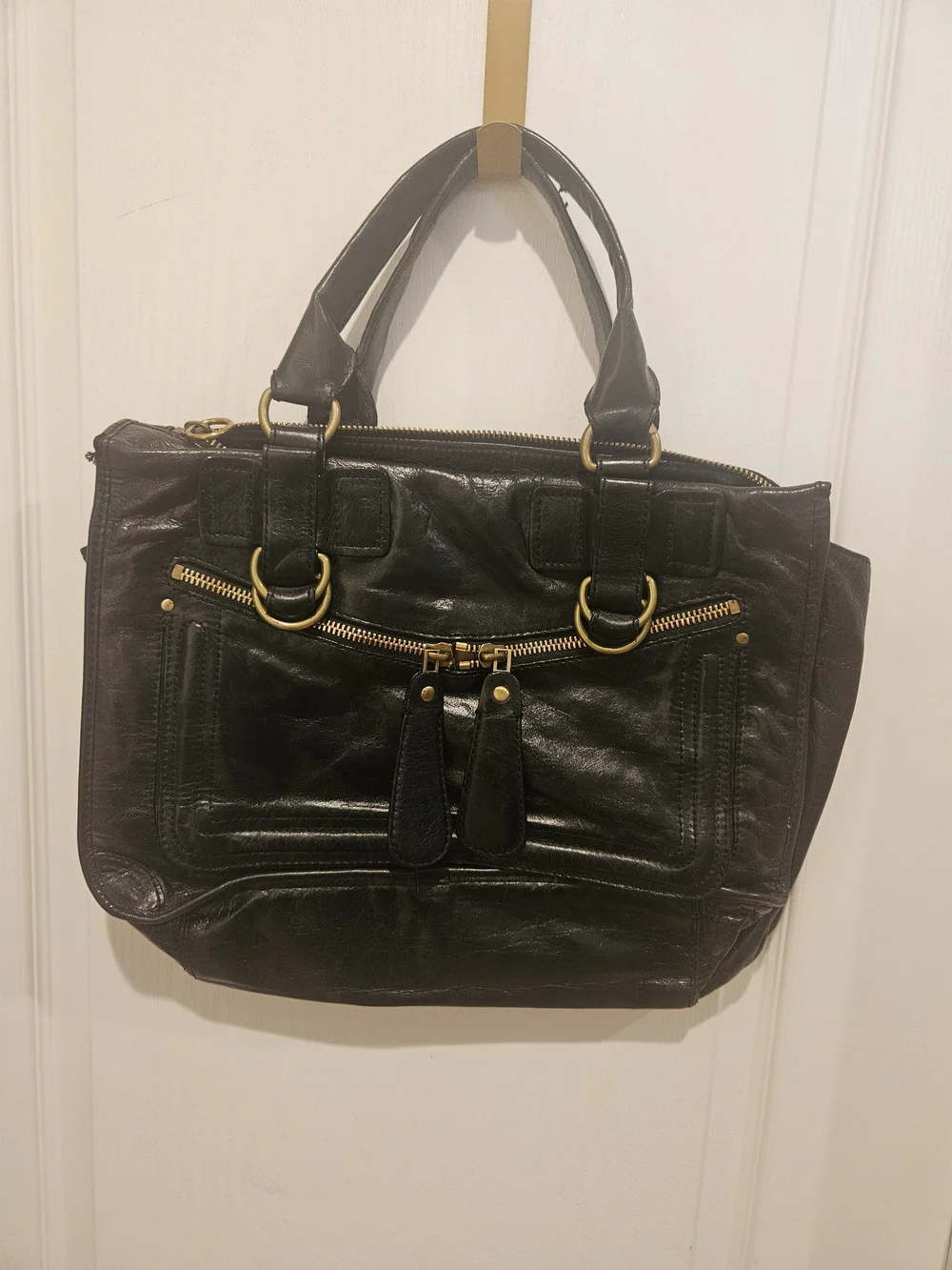 Classic Black Leather Satchel with Gold Hardware